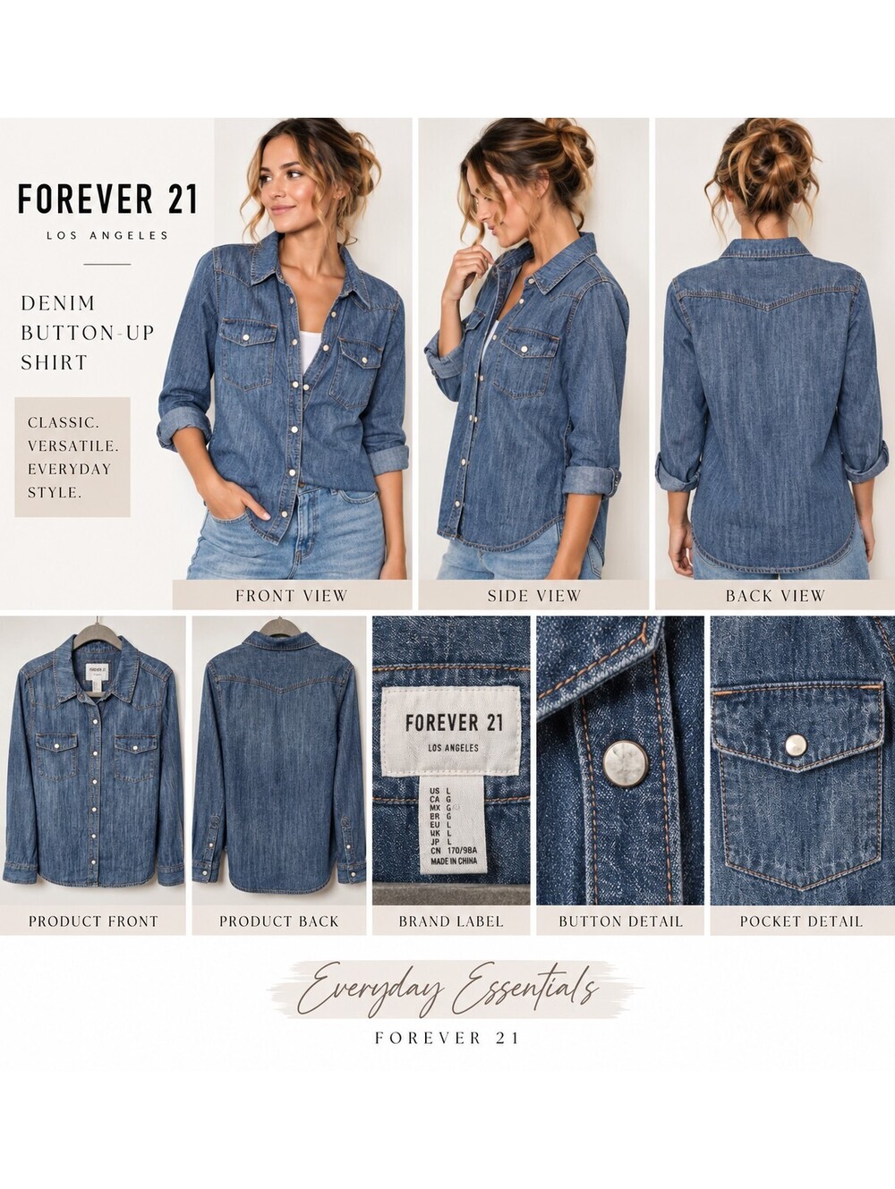 Forever 21 Blue Denim size medium pearl snapButton Up Shirt